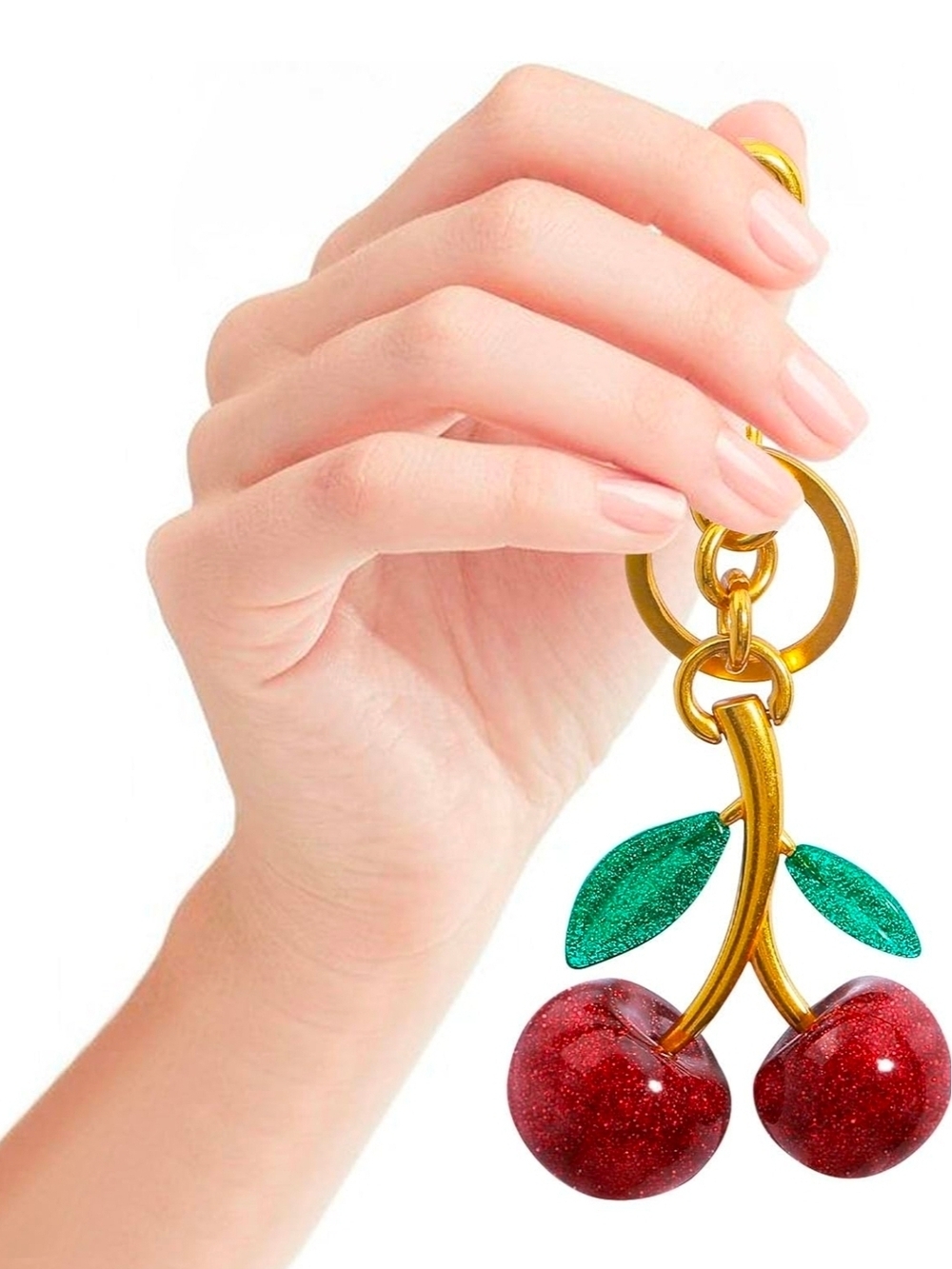 Resin Glitter Cherry Gold-Tone Keychain - Picture 4 of 5
